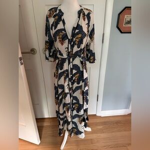 Like new H&M XS linen blend tropical print midi dress with detachable self belt